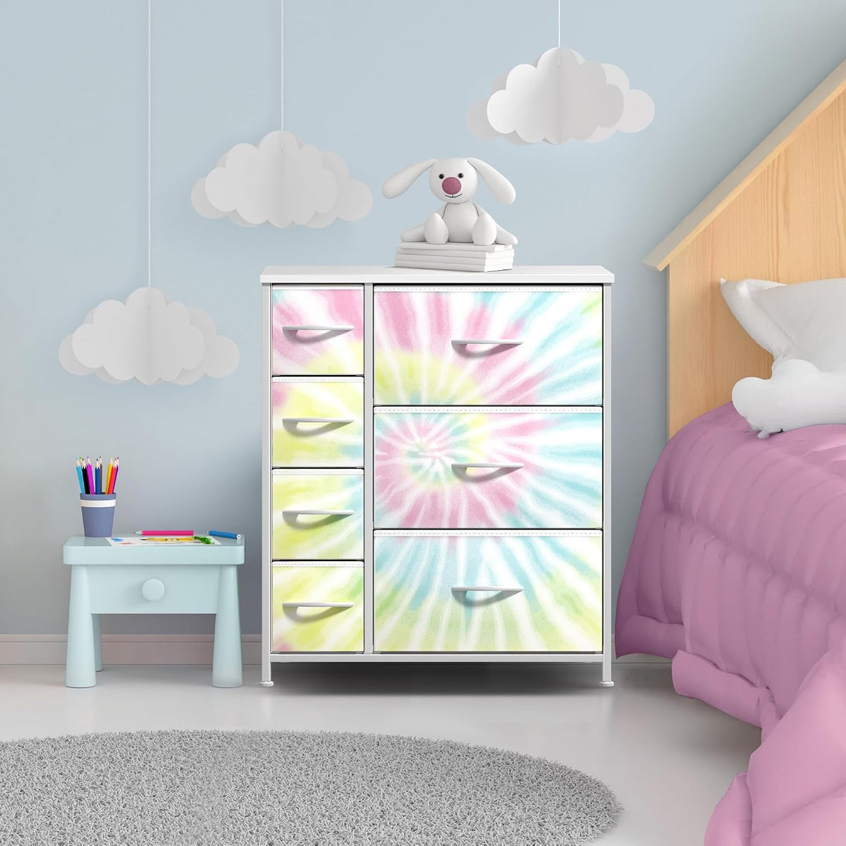 7-Drawer Dresser for Kids Bedroom, Wood Top (Pastel Pink)