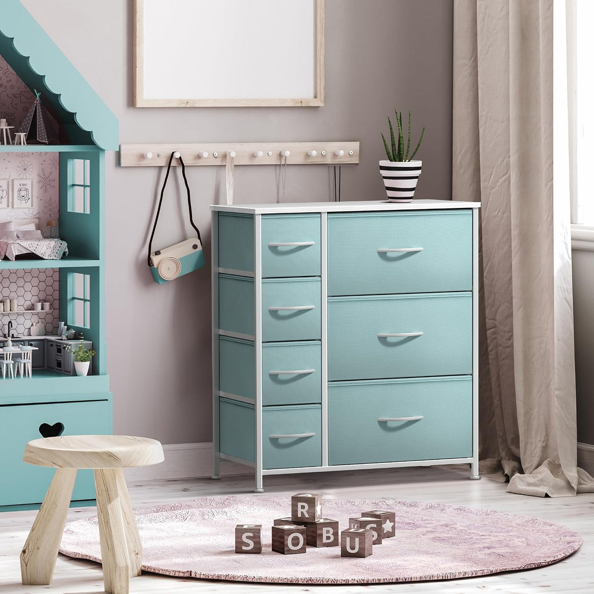 7-Drawer Dresser for Kids Bedroom, Wood Top (Pastel Pink)