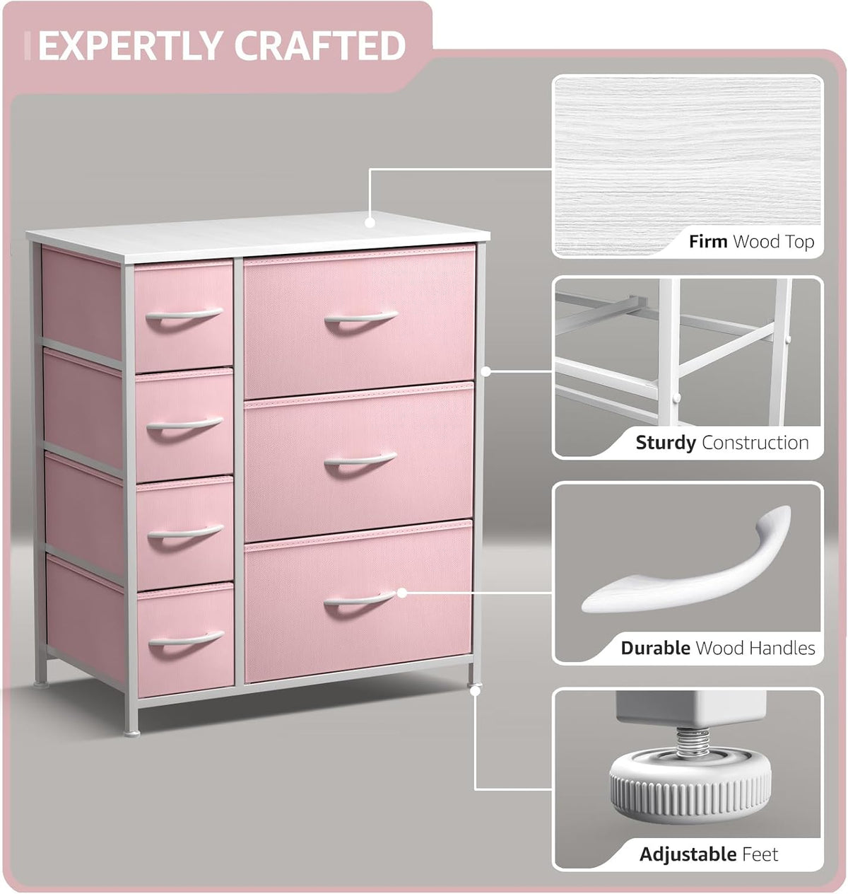 7-Drawer Dresser for Kids Bedroom, Wood Top (Pastel Pink)