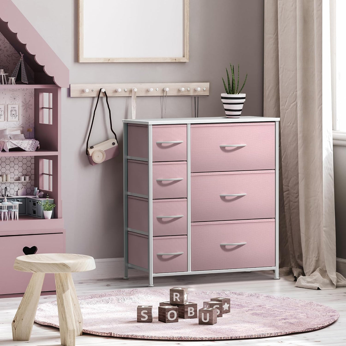 7-Drawer Dresser for Kids Bedroom, Wood Top (Pastel Pink)