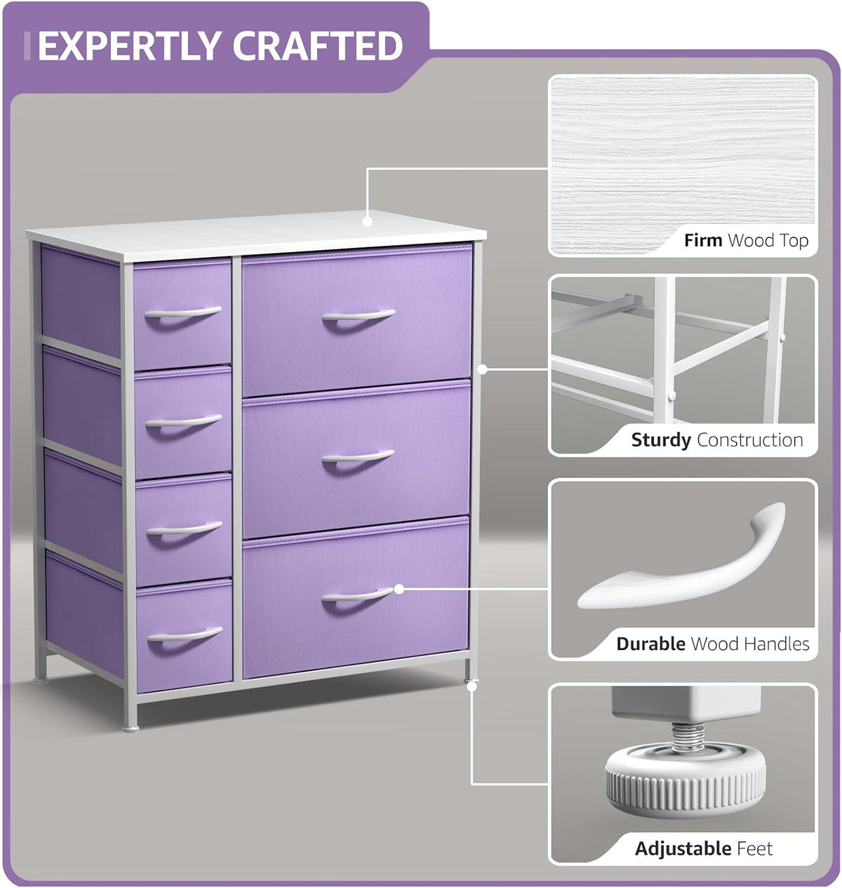 7-Drawer Dresser for Kids Bedroom, Wood Top (Pastel Pink)
