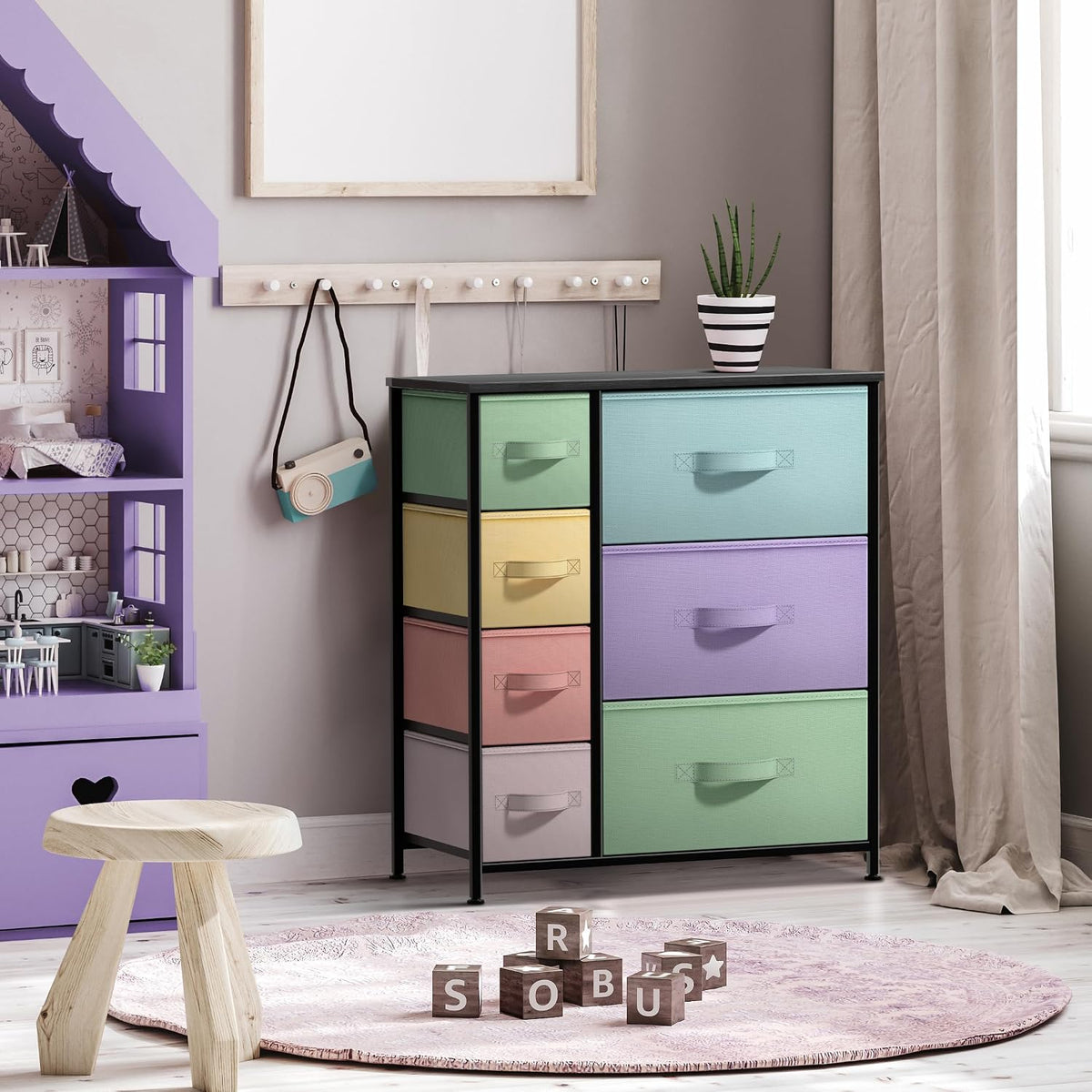7-Drawer Dresser for Kids Bedroom, Wood Top (Pastel Pink)