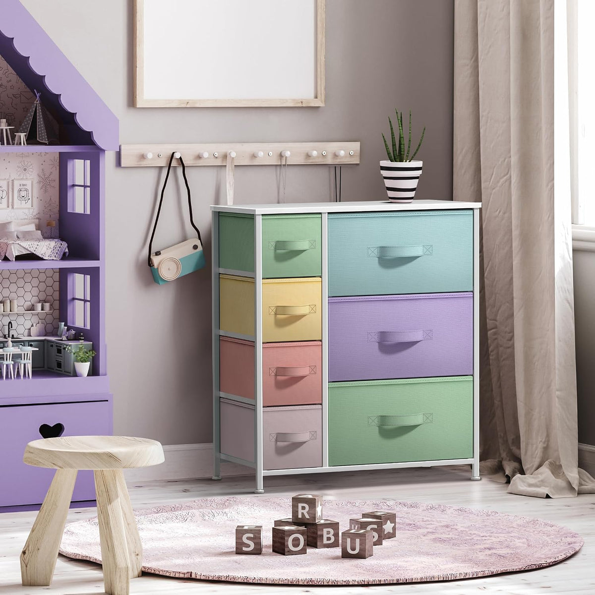 7-Drawer Dresser for Kids Bedroom, Wood Top (Pastel Pink)
