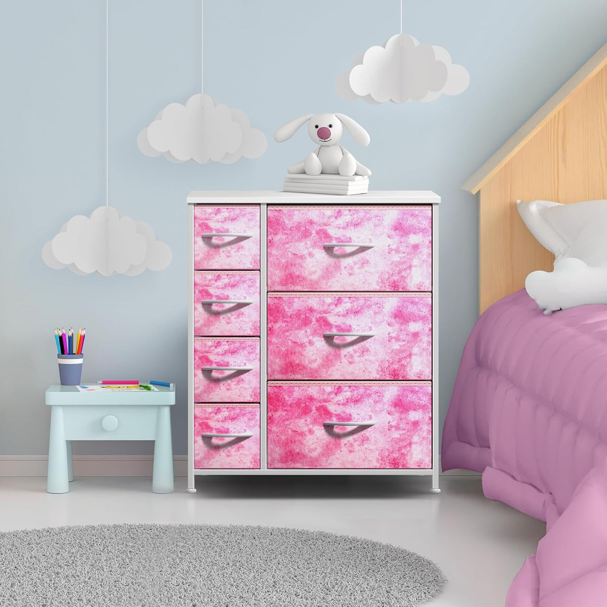 7-Drawer Dresser for Kids Bedroom, Wood Top (Pastel Pink)