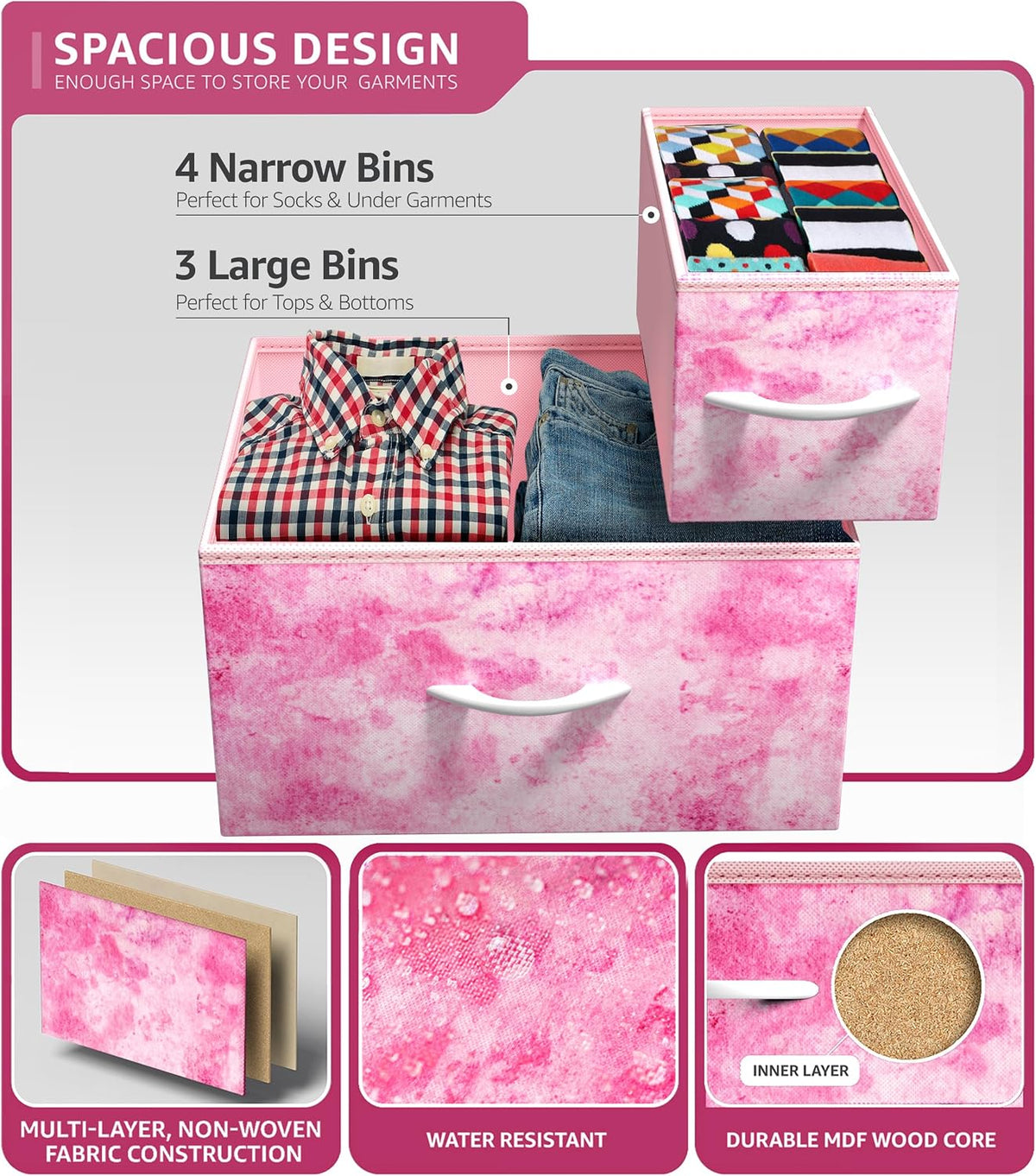 7-Drawer Dresser for Kids Bedroom, Wood Top (Pastel Pink)