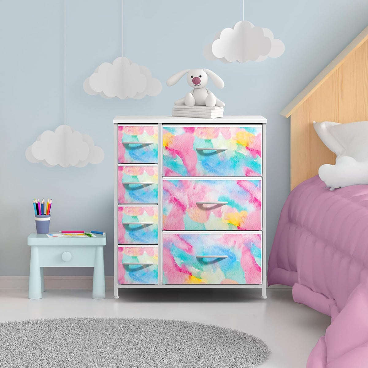7-Drawer Dresser for Kids Bedroom, Wood Top (Pastel Pink)