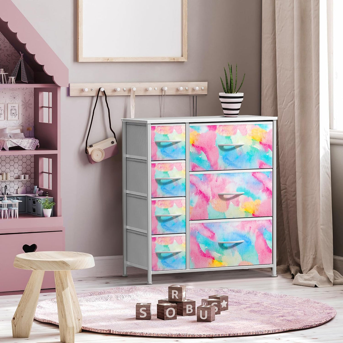 7-Drawer Dresser for Kids Bedroom, Wood Top (Pastel Pink)
