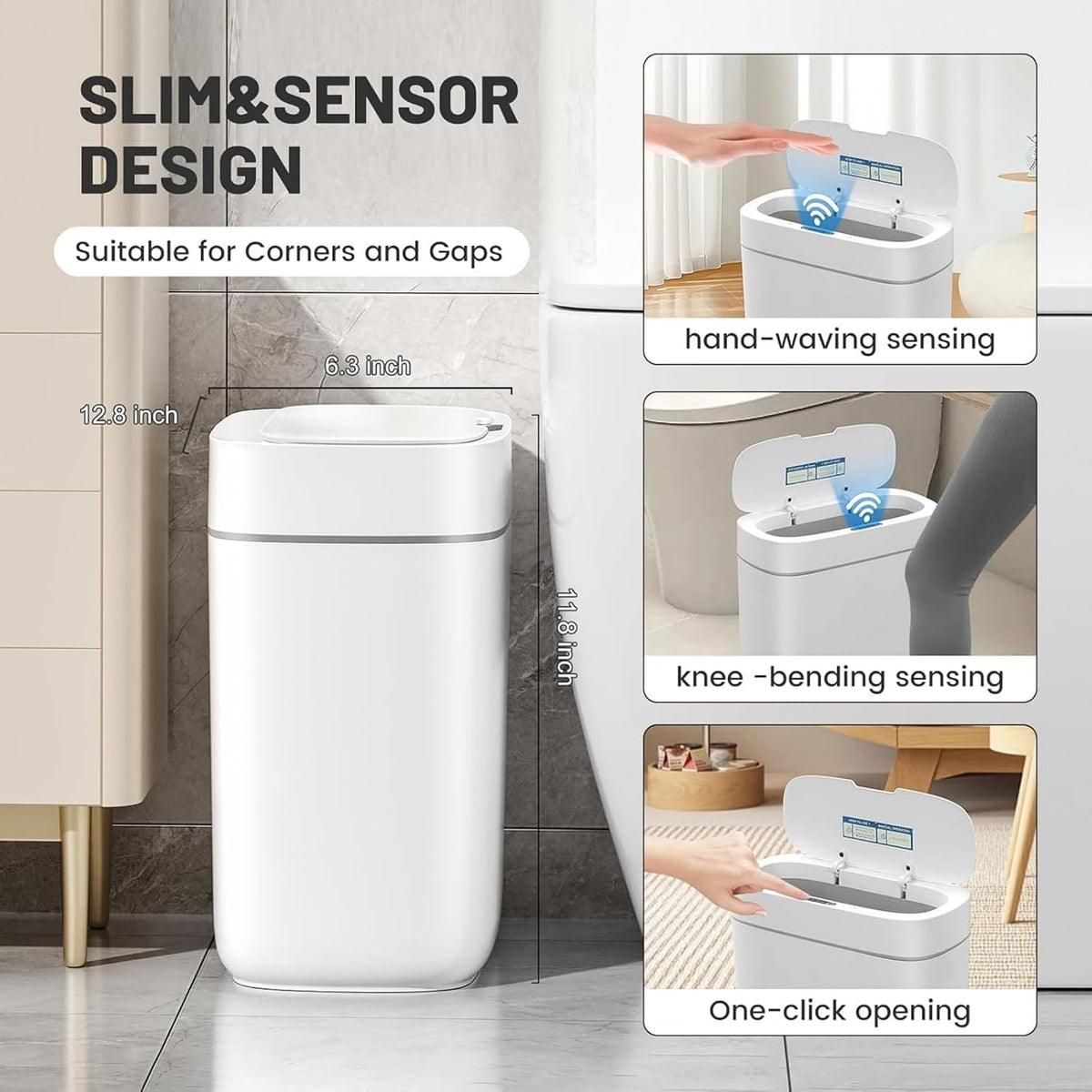 3.5 Gal Slim Touchless Bathroom Trash Can, Automatic Diaper Pail