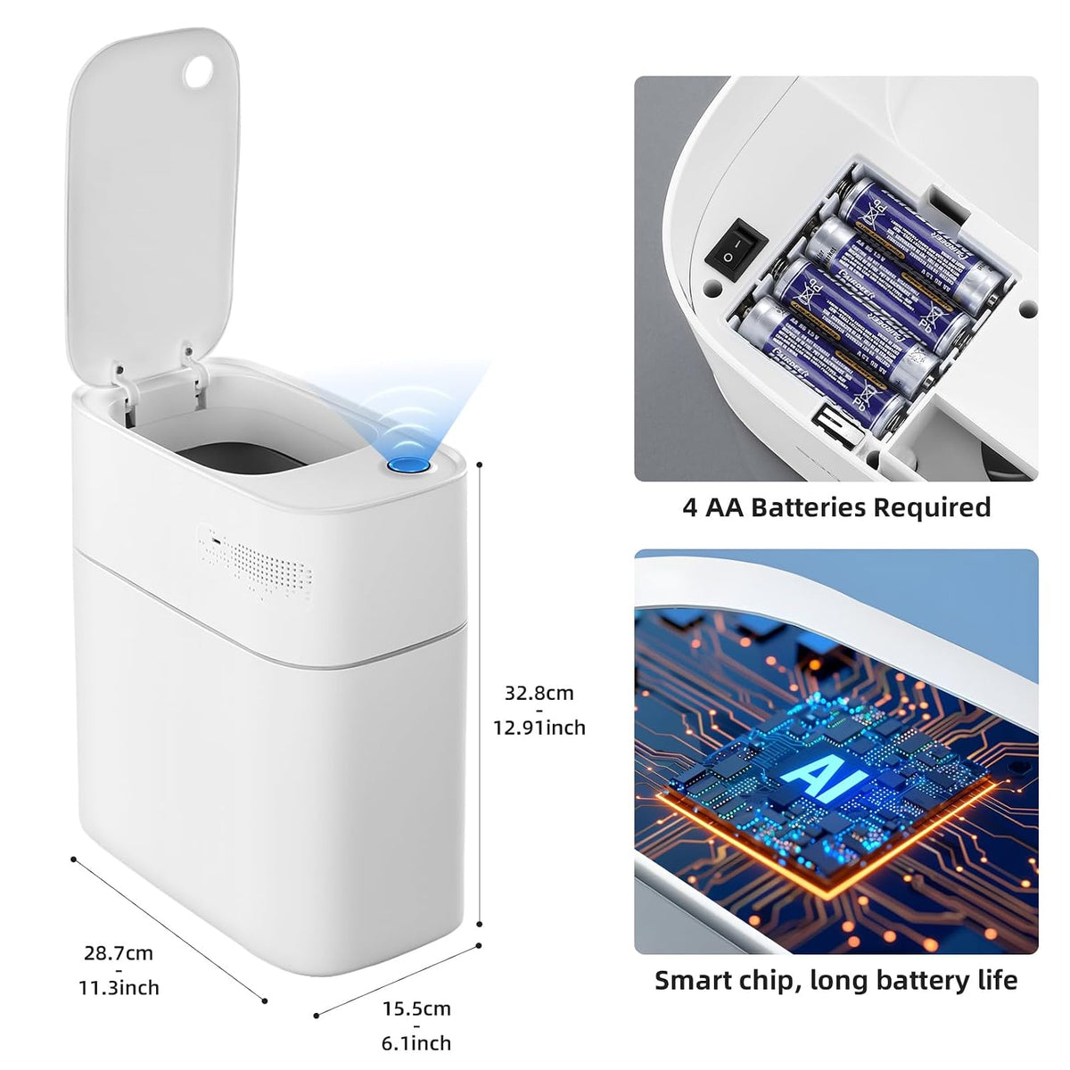 3.5 Gal Slim Touchless Bathroom Trash Can, Automatic Diaper Pail