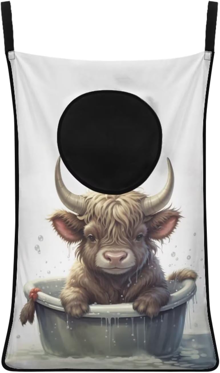 Highland Cow Over The Door Laundry Hamper Bags Lavender Hanging Clothing Hampers For Laundry Space Saving Washable Reusable Travel Laundry Bags Wall Mounted Laundry Hamper Storage Bag