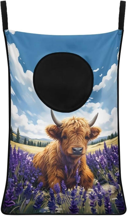 Highland Cow Over The Door Laundry Hamper Bags Lavender Hanging Clothing Hampers For Laundry Space Saving Washable Reusable Travel Laundry Bags Wall Mounted Laundry Hamper Storage Bag