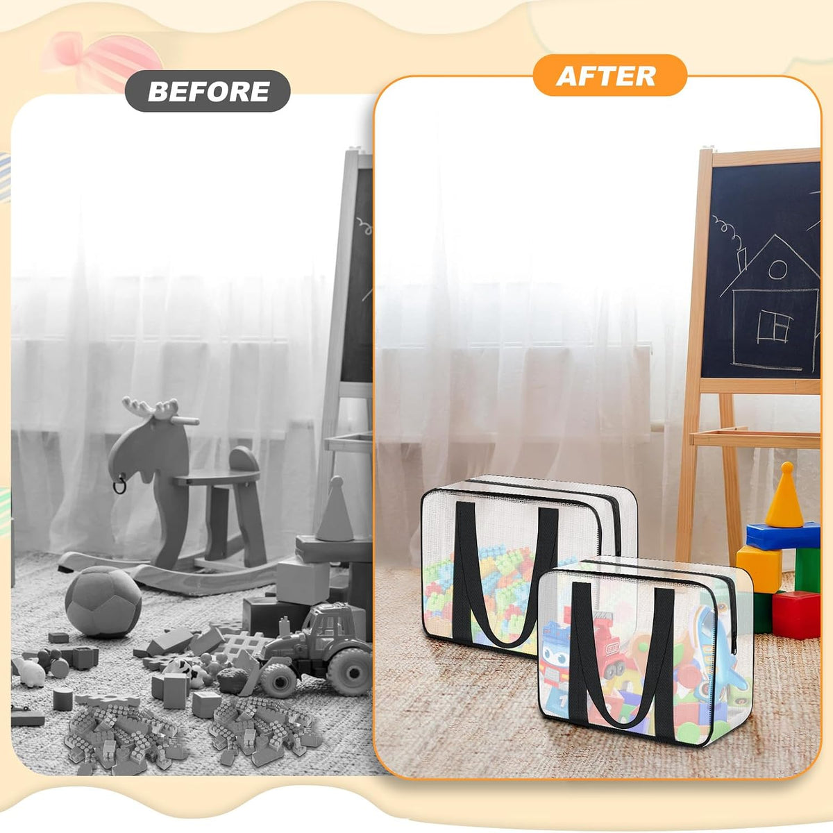 6PCS Large Toy Storage Bags, Clear Foldable Toy Organizer Bags with Zipper, Portable Travel Organizer Bags for Puzzles, Books, Art Supplies