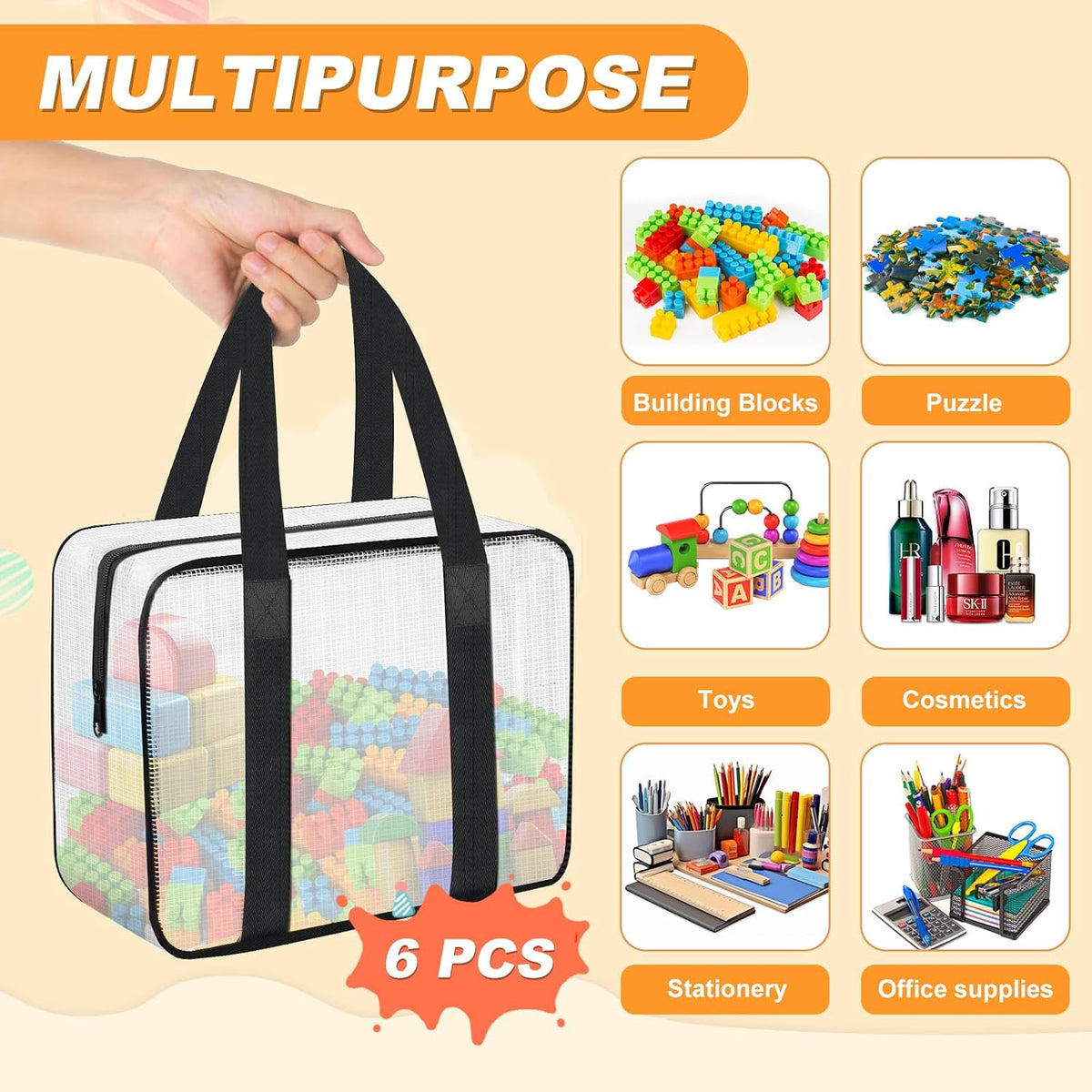 6PCS Large Toy Storage Bags, Clear Foldable Toy Organizer Bags with Zipper, Portable Travel Organizer Bags for Puzzles, Books, Art Supplies