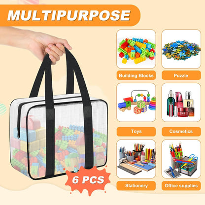 6PCS Large Toy Storage Bags, Clear Foldable Toy Organizer Bags with Zipper, Portable Travel Organizer Bags for Puzzles, Books, Art Supplies