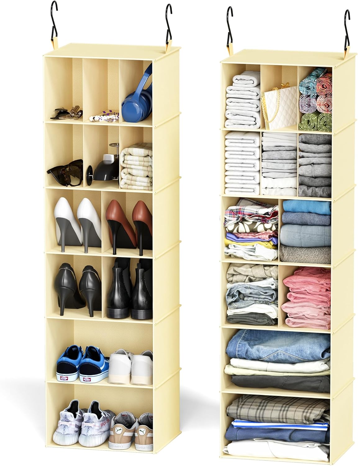 2 Pack Hanging Closet Organizer and Storage with Dividers, 24 Compartments Hanging Shoe Shelves for Closet, Wardrobe, RV, Garment Rack - Black