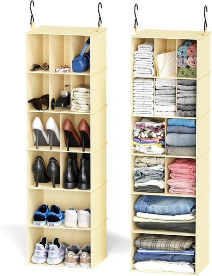 2 Pack Hanging Closet Organizer and Storage with Dividers, 24 Compartments Hanging Shoe Shelves for Closet, Wardrobe, RV, Garment Rack - Black