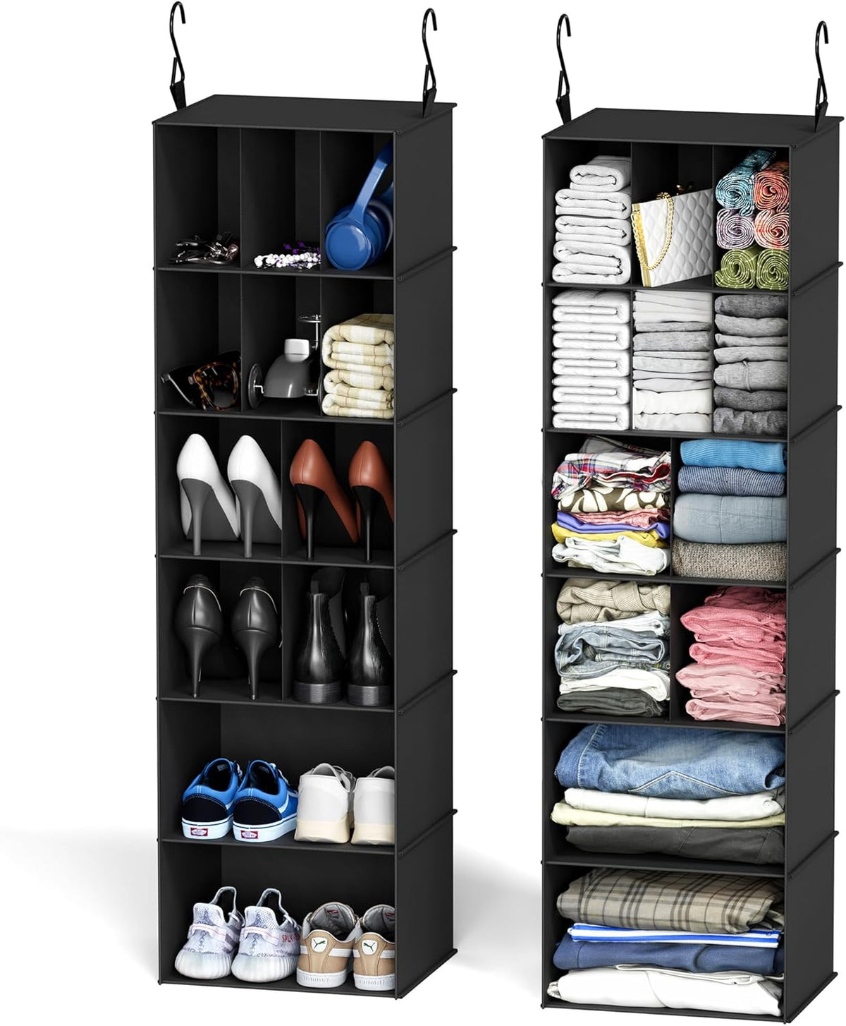 2 Pack Hanging Closet Organizer and Storage with Dividers, 24 Compartments Hanging Shoe Shelves for Closet, Wardrobe, RV, Garment Rack - Black