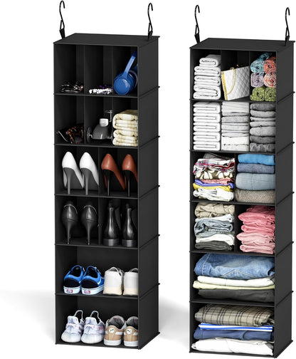 2 Pack Hanging Closet Organizer and Storage with Dividers, 24 Compartments Hanging Shoe Shelves for Closet, Wardrobe, RV, Garment Rack - Black