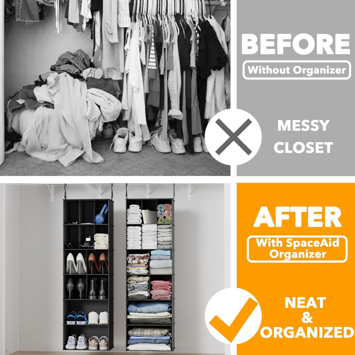 2 Pack Hanging Closet Organizer and Storage with Dividers, 24 Compartments Hanging Shoe Shelves for Closet, Wardrobe, RV, Garment Rack - Black