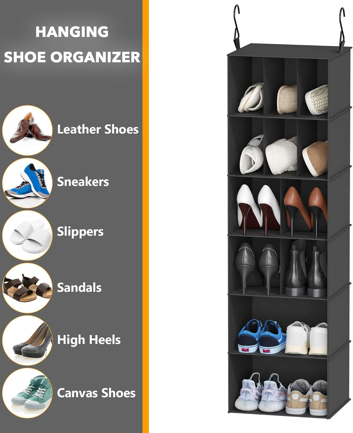 2 Pack Hanging Closet Organizer and Storage with Dividers, 24 Compartments Hanging Shoe Shelves for Closet, Wardrobe, RV, Garment Rack - Black
