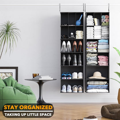 2 Pack Hanging Closet Organizer and Storage with Dividers, 24 Compartments Hanging Shoe Shelves for Closet, Wardrobe, RV, Garment Rack - Black