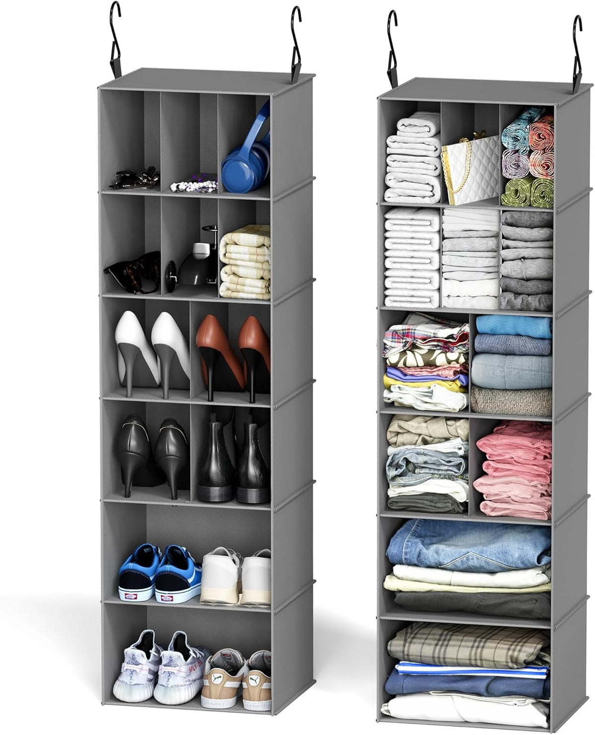 2 Pack Hanging Closet Organizer and Storage with Dividers, 24 Compartments Hanging Shoe Shelves for Closet, Wardrobe, RV, Garment Rack - Black