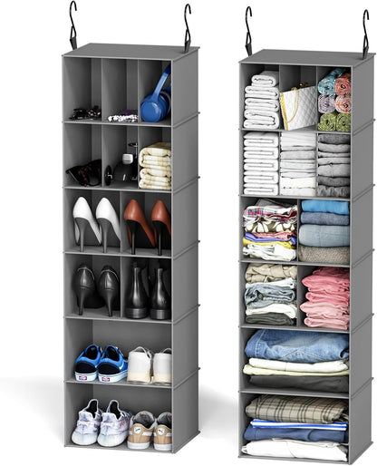 2 Pack Hanging Closet Organizer and Storage with Dividers, 24 Compartments Hanging Shoe Shelves for Closet, Wardrobe, RV, Garment Rack - Black