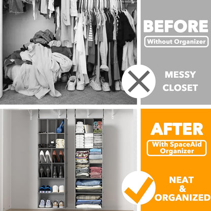 2 Pack Hanging Closet Organizer and Storage with Dividers, 24 Compartments Hanging Shoe Shelves for Closet, Wardrobe, RV, Garment Rack - Black