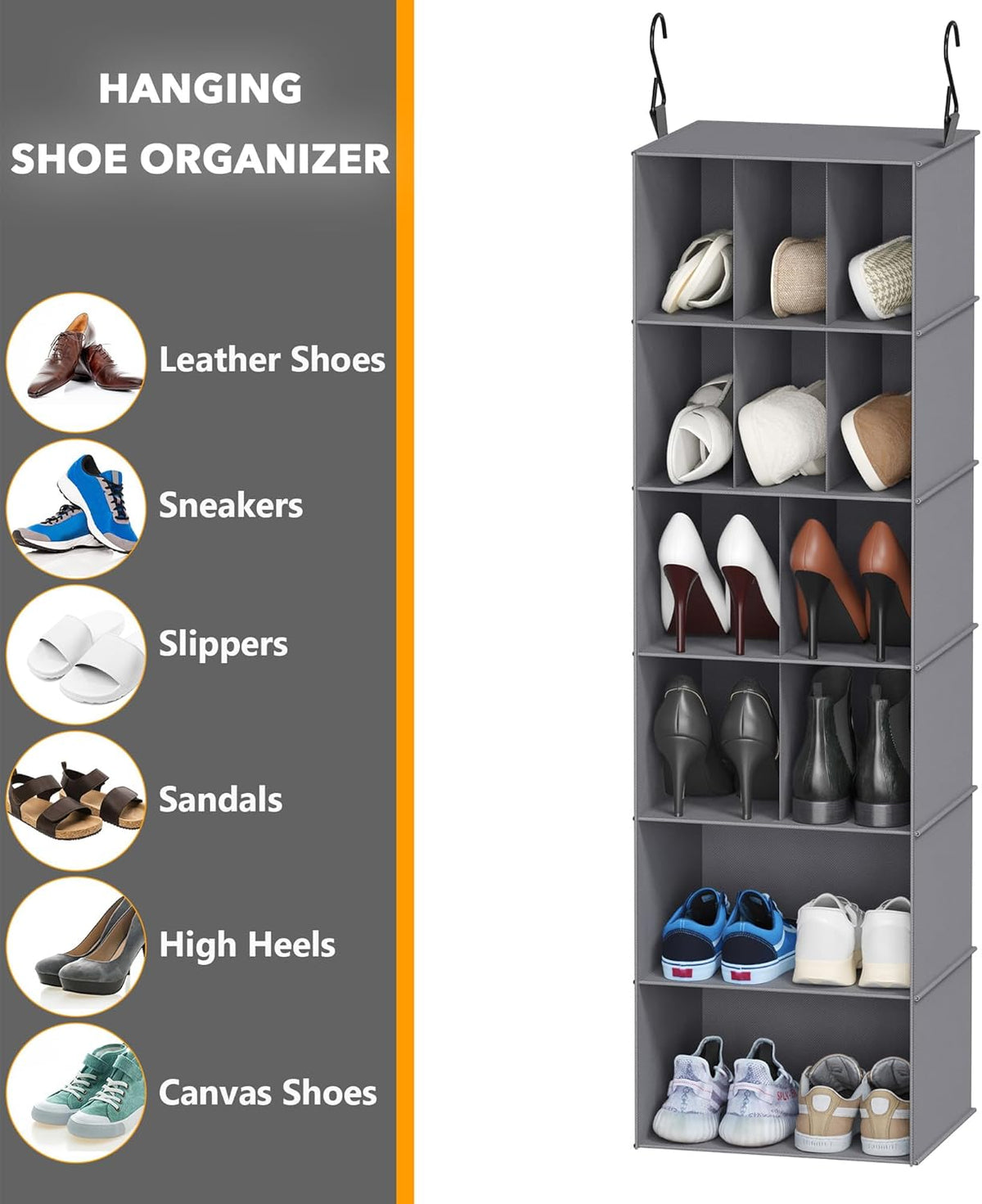 2 Pack Hanging Closet Organizer and Storage with Dividers, 24 Compartments Hanging Shoe Shelves for Closet, Wardrobe, RV, Garment Rack - Black