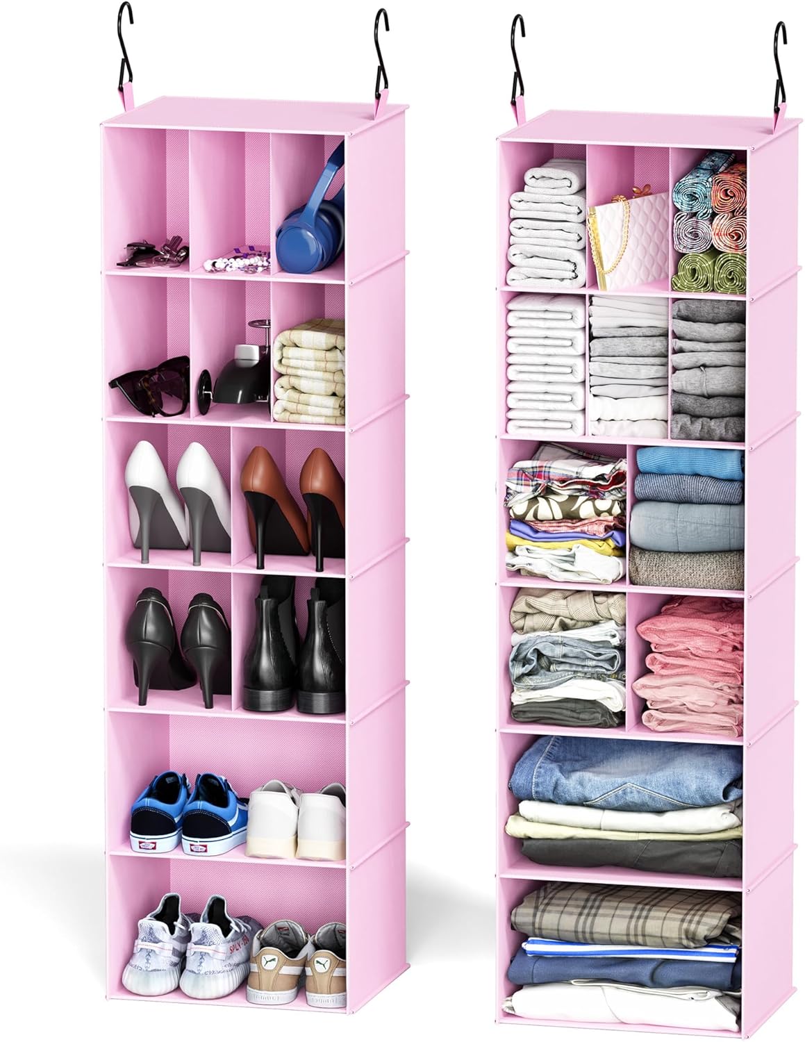2 Pack Hanging Closet Organizer and Storage with Dividers, 24 Compartments Hanging Shoe Shelves for Closet, Wardrobe, RV, Garment Rack - Black