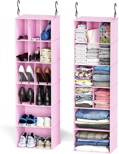 2 Pack Hanging Closet Organizer and Storage with Dividers, 24 Compartments Hanging Shoe Shelves for Closet, Wardrobe, RV, Garment Rack - Black