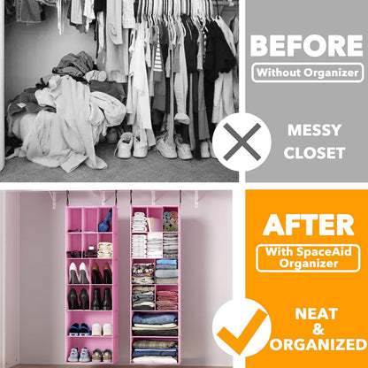 2 Pack Hanging Closet Organizer and Storage with Dividers, 24 Compartments Hanging Shoe Shelves for Closet, Wardrobe, RV, Garment Rack - Black