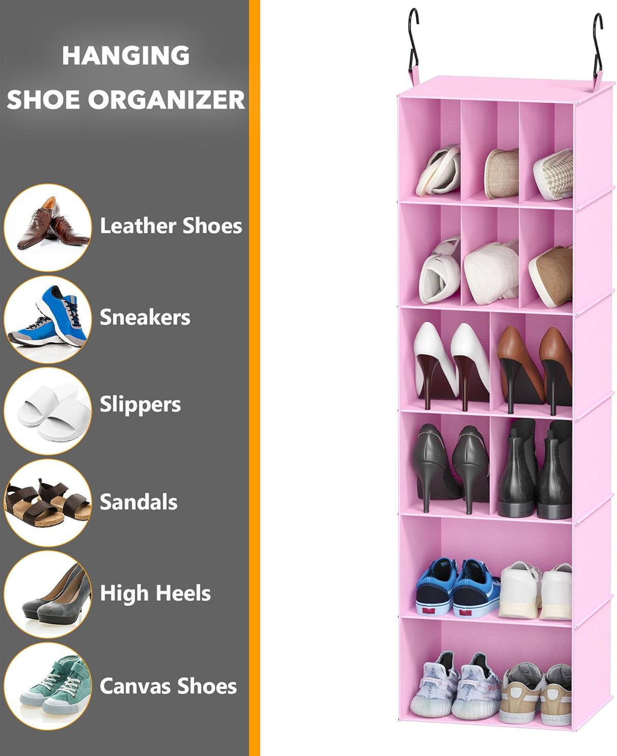 2 Pack Hanging Closet Organizer and Storage with Dividers, 24 Compartments Hanging Shoe Shelves for Closet, Wardrobe, RV, Garment Rack - Black