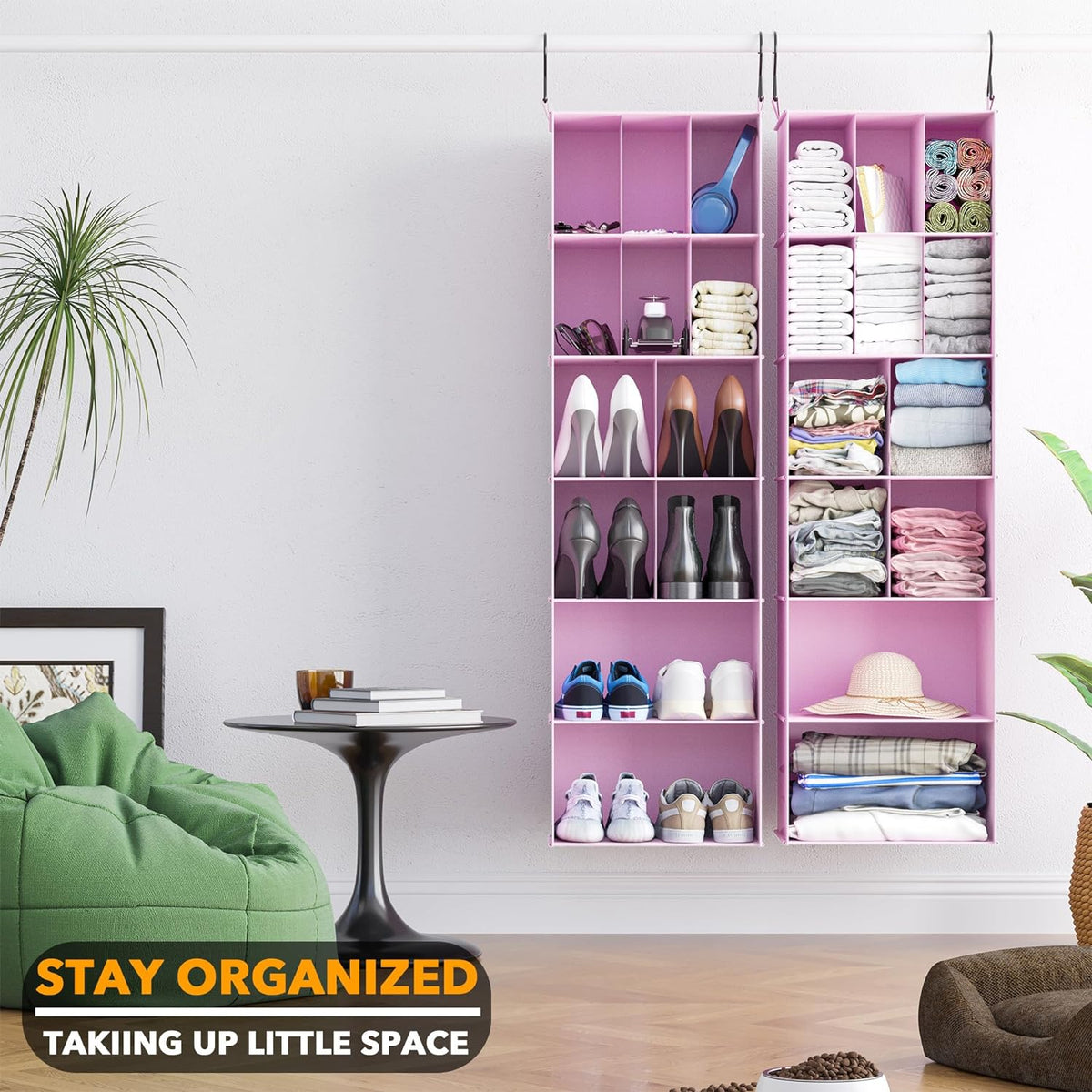 2 Pack Hanging Closet Organizer and Storage with Dividers, 24 Compartments Hanging Shoe Shelves for Closet, Wardrobe, RV, Garment Rack - Black