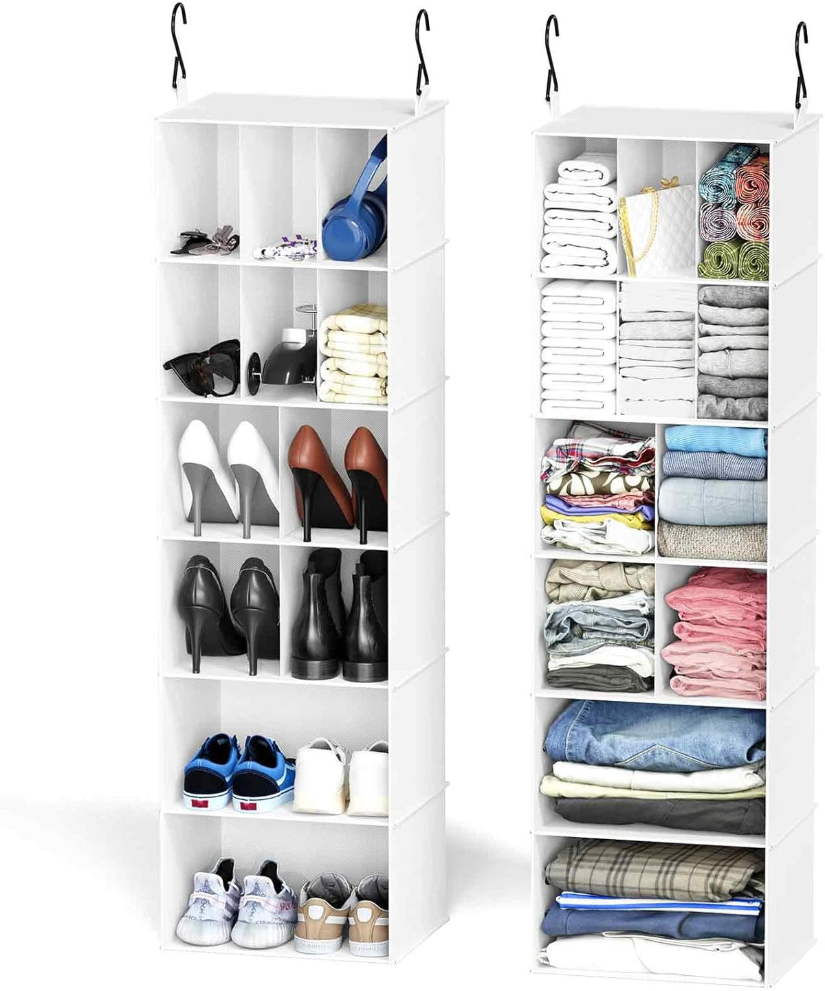 2 Pack Hanging Closet Organizer and Storage with Dividers, 24 Compartments Hanging Shoe Shelves for Closet, Wardrobe, RV, Garment Rack - Black
