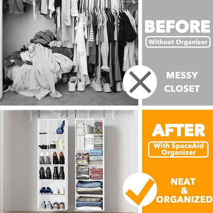 2 Pack Hanging Closet Organizer and Storage with Dividers, 24 Compartments Hanging Shoe Shelves for Closet, Wardrobe, RV, Garment Rack - Black