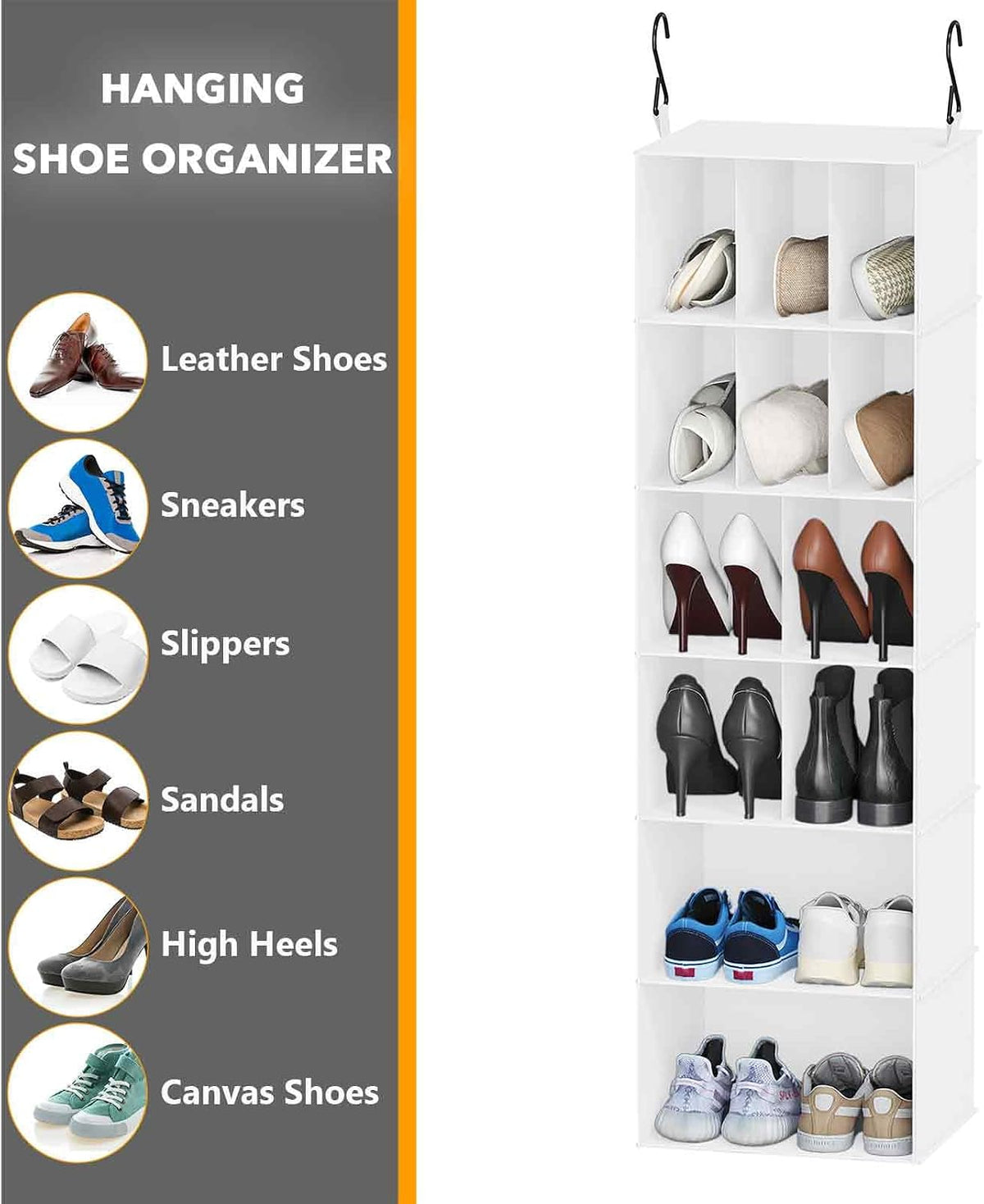 2 Pack Hanging Closet Organizer and Storage with Dividers, 24 Compartments Hanging Shoe Shelves for Closet, Wardrobe, RV, Garment Rack - Black