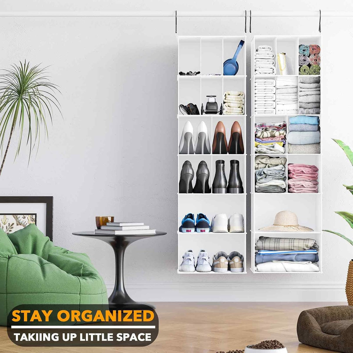 2 Pack Hanging Closet Organizer and Storage with Dividers, 24 Compartments Hanging Shoe Shelves for Closet, Wardrobe, RV, Garment Rack - Black