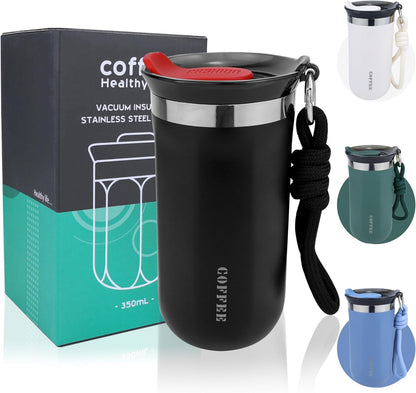 11 Oz Insulated Travel Coffee Mug - Green Reusable Cup With Lid, Spill Proof, Stainless Steel for Hot and Iced Cold Drinks