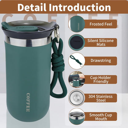11 Oz Insulated Travel Coffee Mug - Green Reusable Cup With Lid, Spill Proof, Stainless Steel for Hot and Iced Cold Drinks