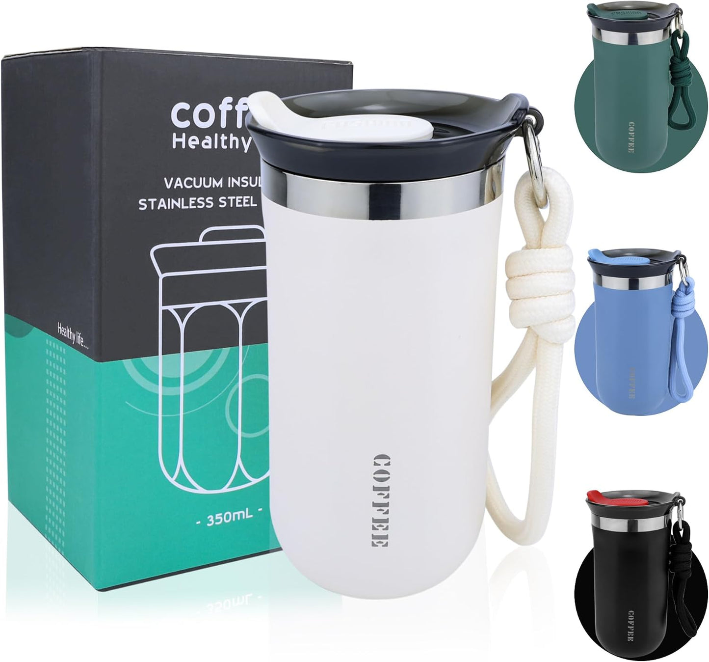 11 Oz Insulated Travel Coffee Mug - Green Reusable Cup With Lid, Spill Proof, Stainless Steel for Hot and Iced Cold Drinks