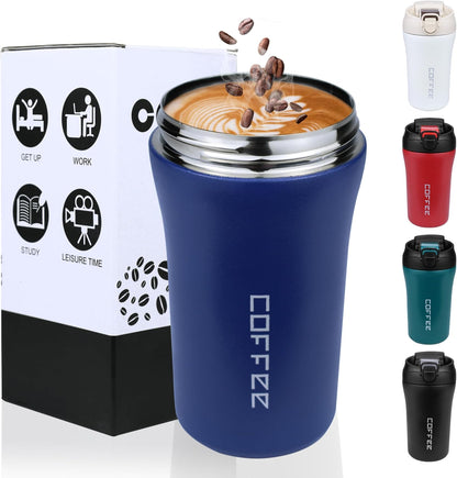 11 Oz Insulated Travel Coffee Mug - Green Reusable Cup With Lid, Spill Proof, Stainless Steel for Hot and Iced Cold Drinks