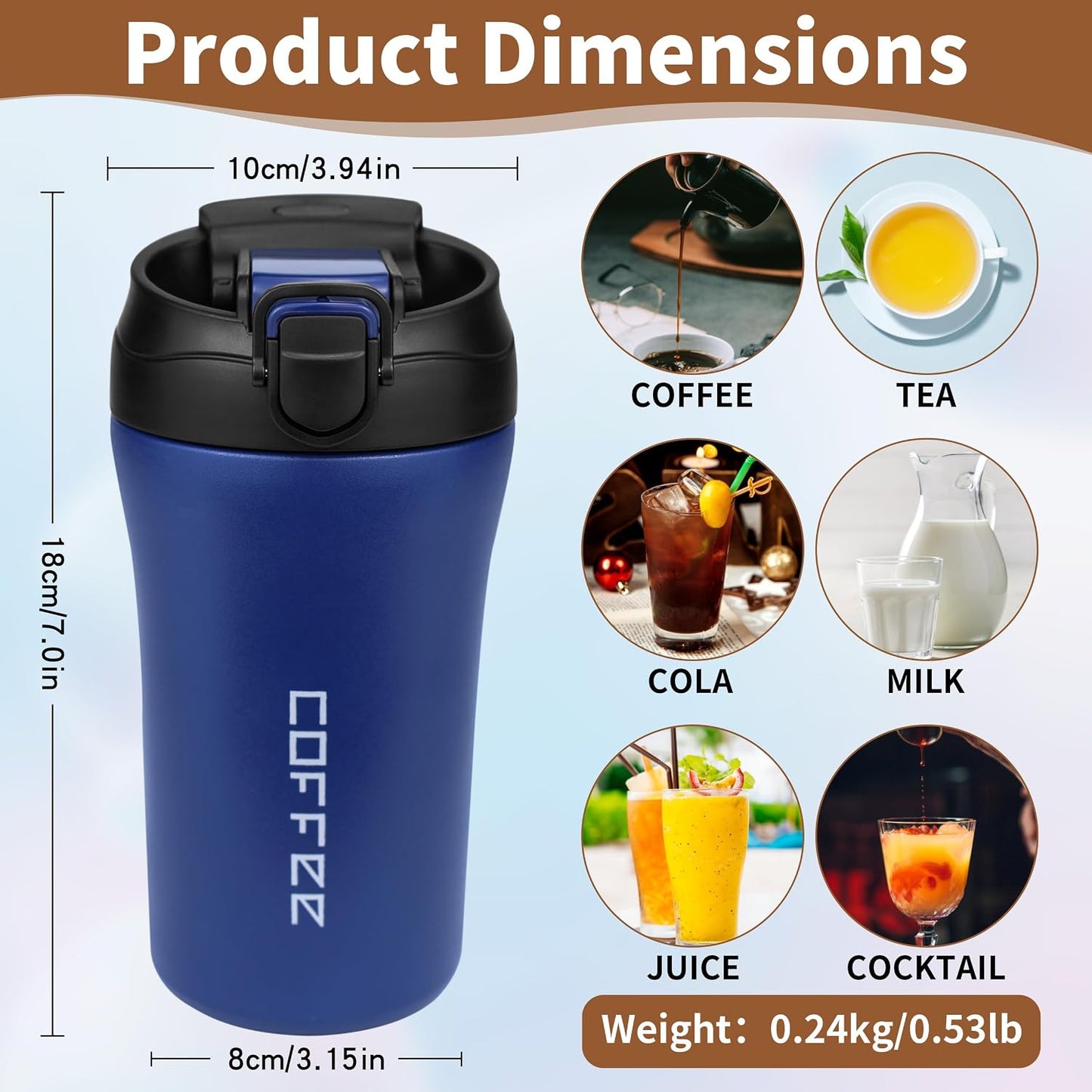 11 Oz Insulated Travel Coffee Mug - Green Reusable Cup With Lid, Spill Proof, Stainless Steel for Hot and Iced Cold Drinks