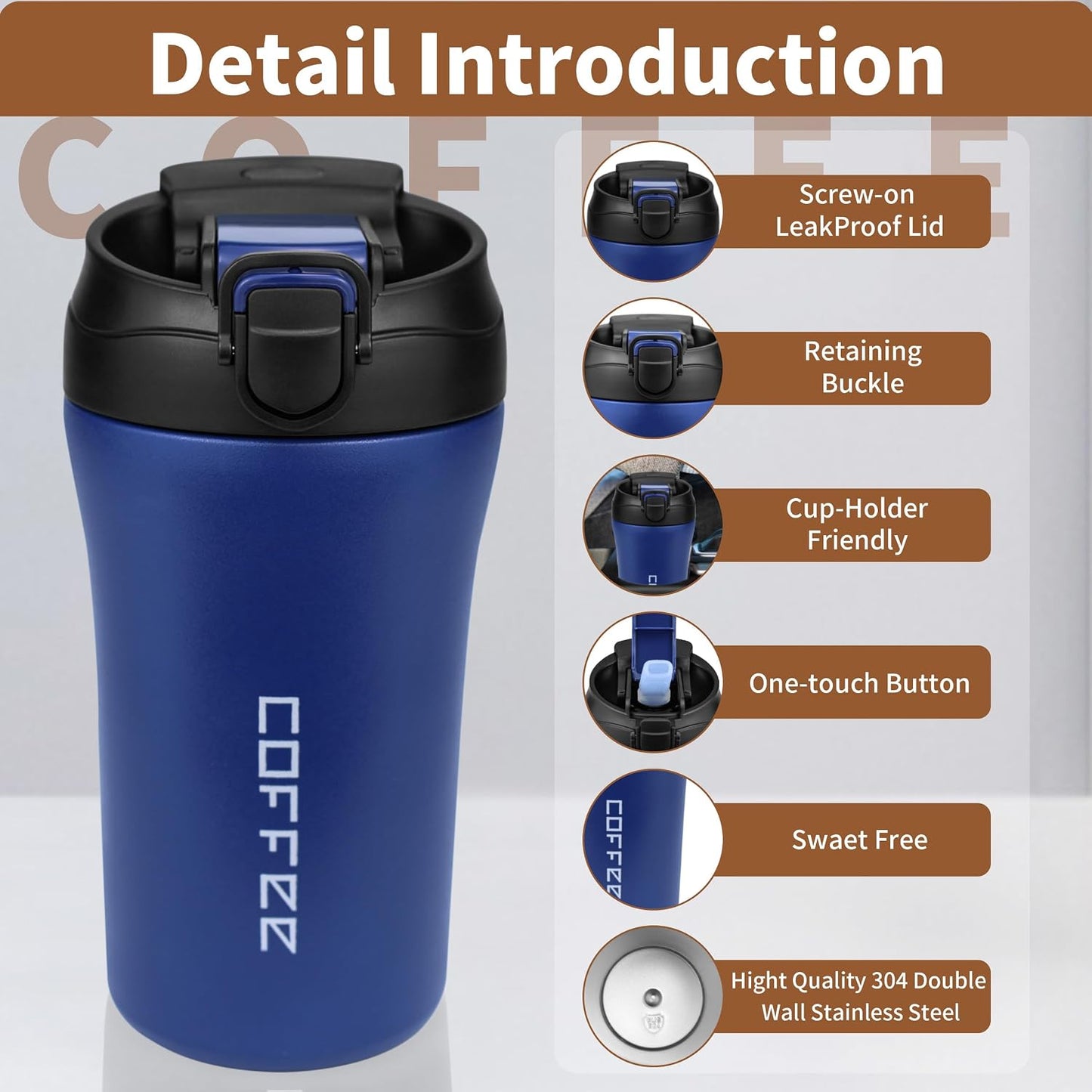 11 Oz Insulated Travel Coffee Mug - Green Reusable Cup With Lid, Spill Proof, Stainless Steel for Hot and Iced Cold Drinks
