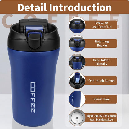 11 Oz Insulated Travel Coffee Mug - Green Reusable Cup With Lid, Spill Proof, Stainless Steel for Hot and Iced Cold Drinks