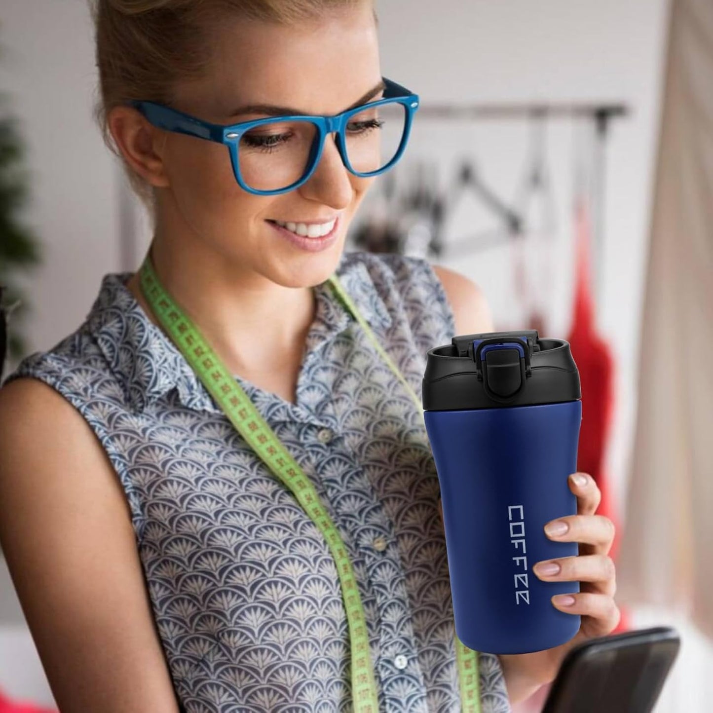 11 Oz Insulated Travel Coffee Mug - Green Reusable Cup With Lid, Spill Proof, Stainless Steel for Hot and Iced Cold Drinks