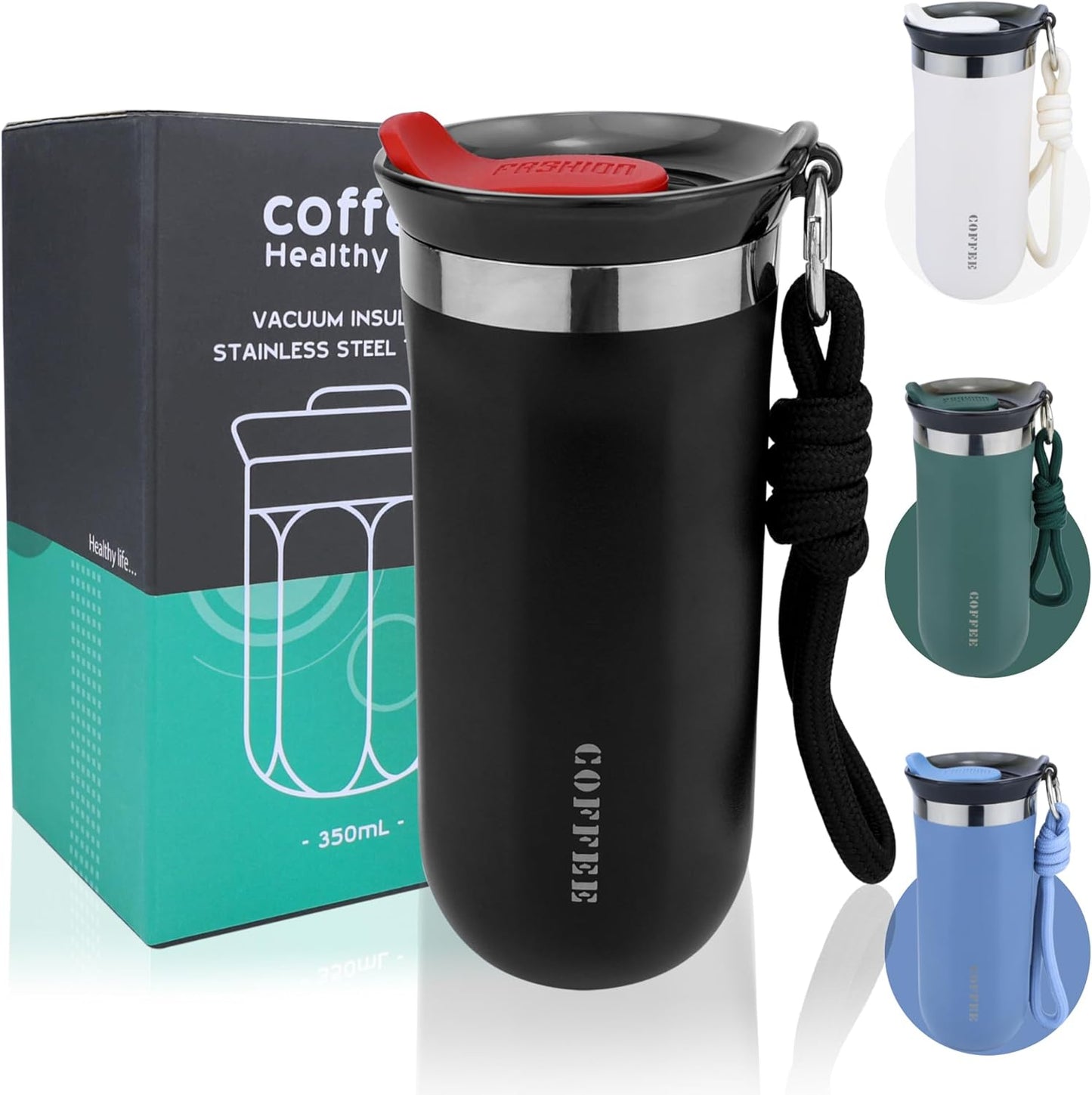 11 Oz Insulated Travel Coffee Mug - Green Reusable Cup With Lid, Spill Proof, Stainless Steel for Hot and Iced Cold Drinks