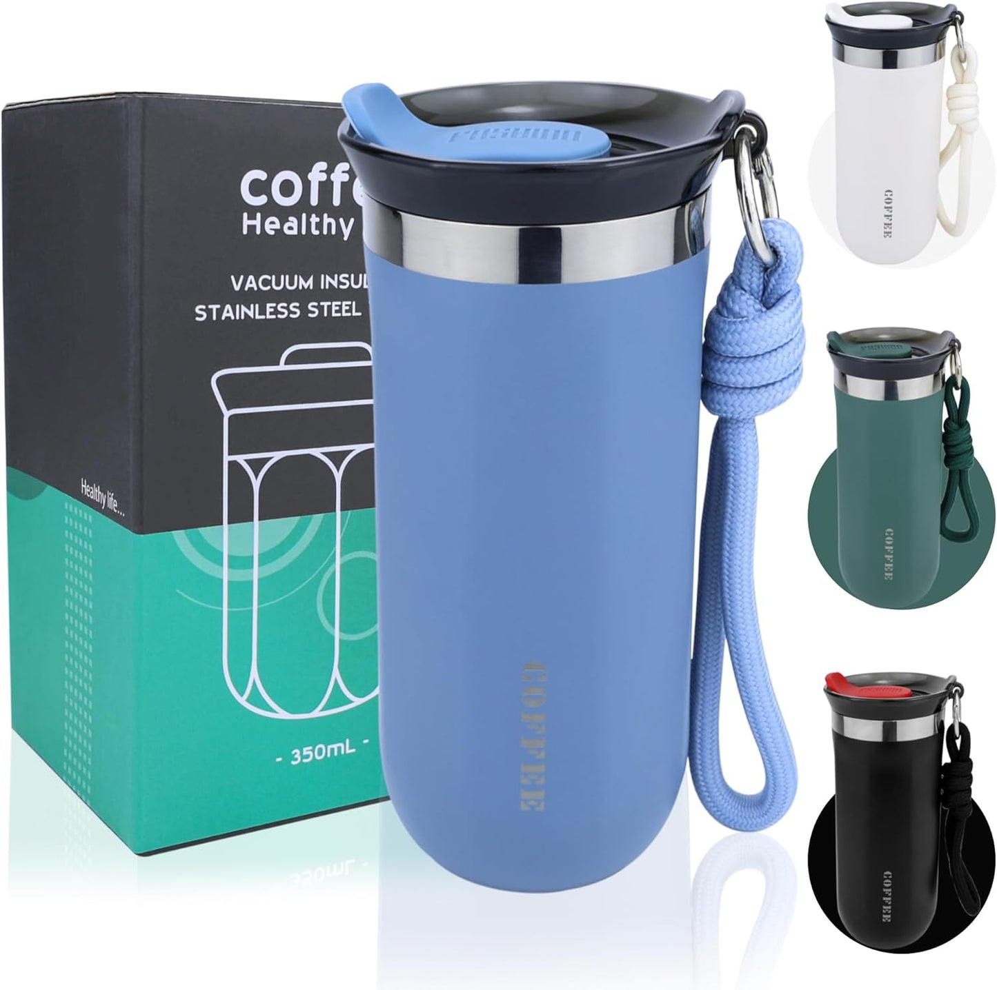 11 Oz Insulated Travel Coffee Mug - Green Reusable Cup With Lid, Spill Proof, Stainless Steel for Hot and Iced Cold Drinks