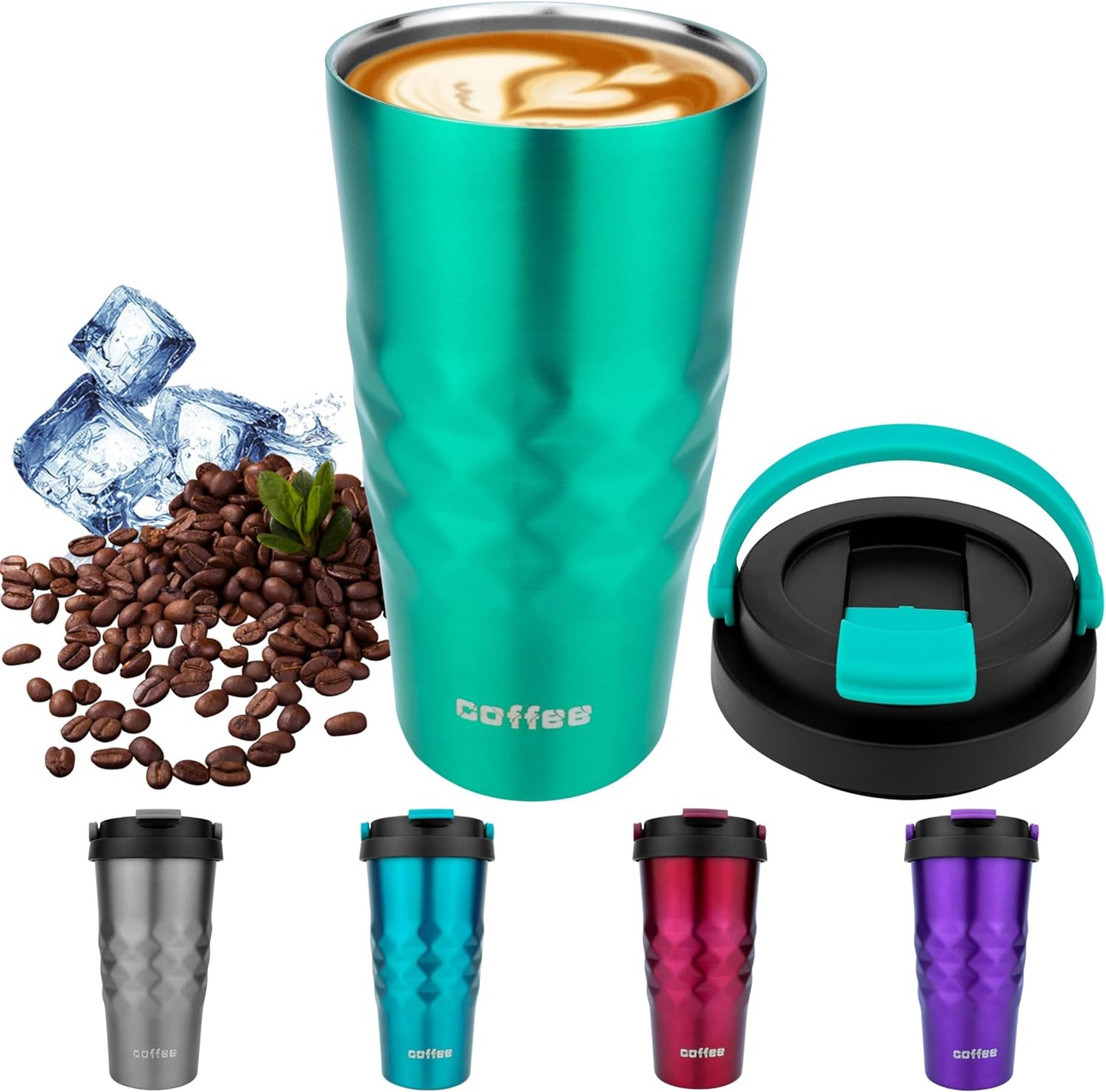 11 Oz Insulated Travel Coffee Mug - Green Reusable Cup With Lid, Spill Proof, Stainless Steel for Hot and Iced Cold Drinks