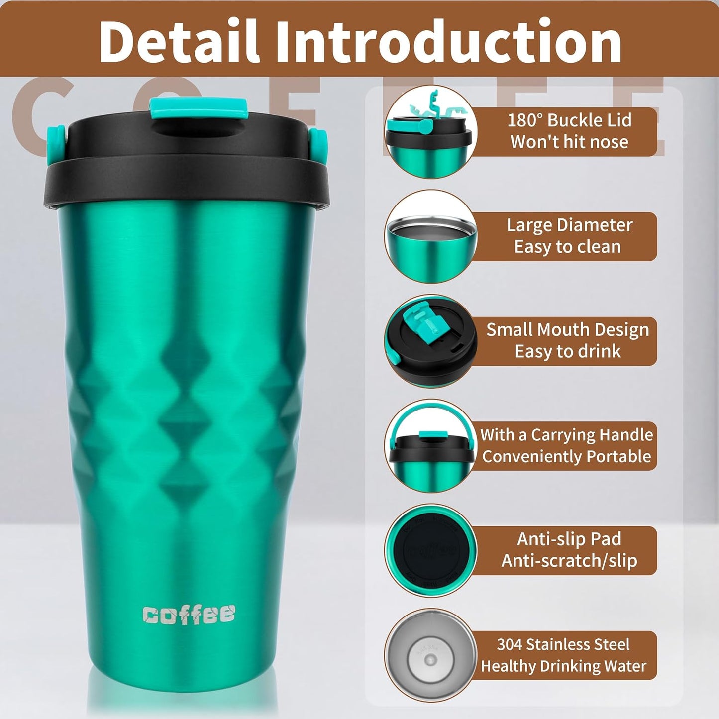 11 Oz Insulated Travel Coffee Mug - Green Reusable Cup With Lid, Spill Proof, Stainless Steel for Hot and Iced Cold Drinks